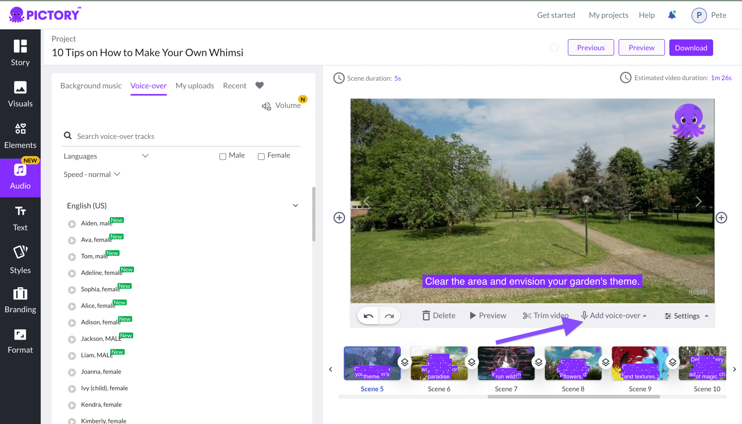When creating your video, Pictory allows you to add your completed voiceover content to your video timeline.