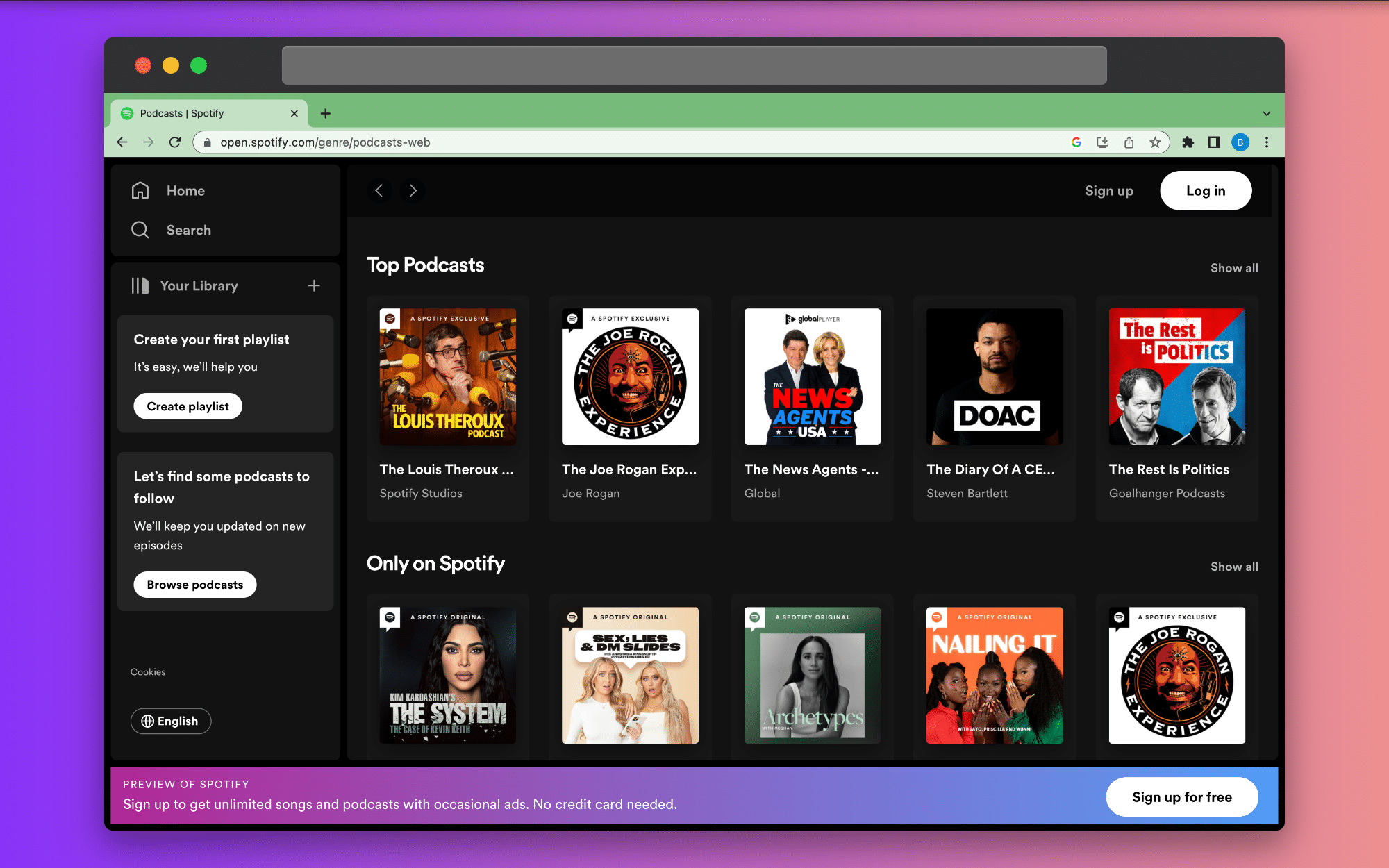 Spotify podcast homepage