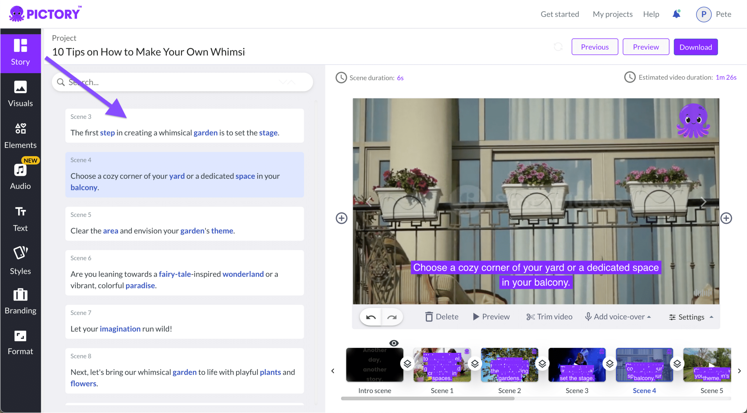 Once your script and voice content is loaded, Pictory will generate a storyboard that will let you match your voice content to the video timeline. 