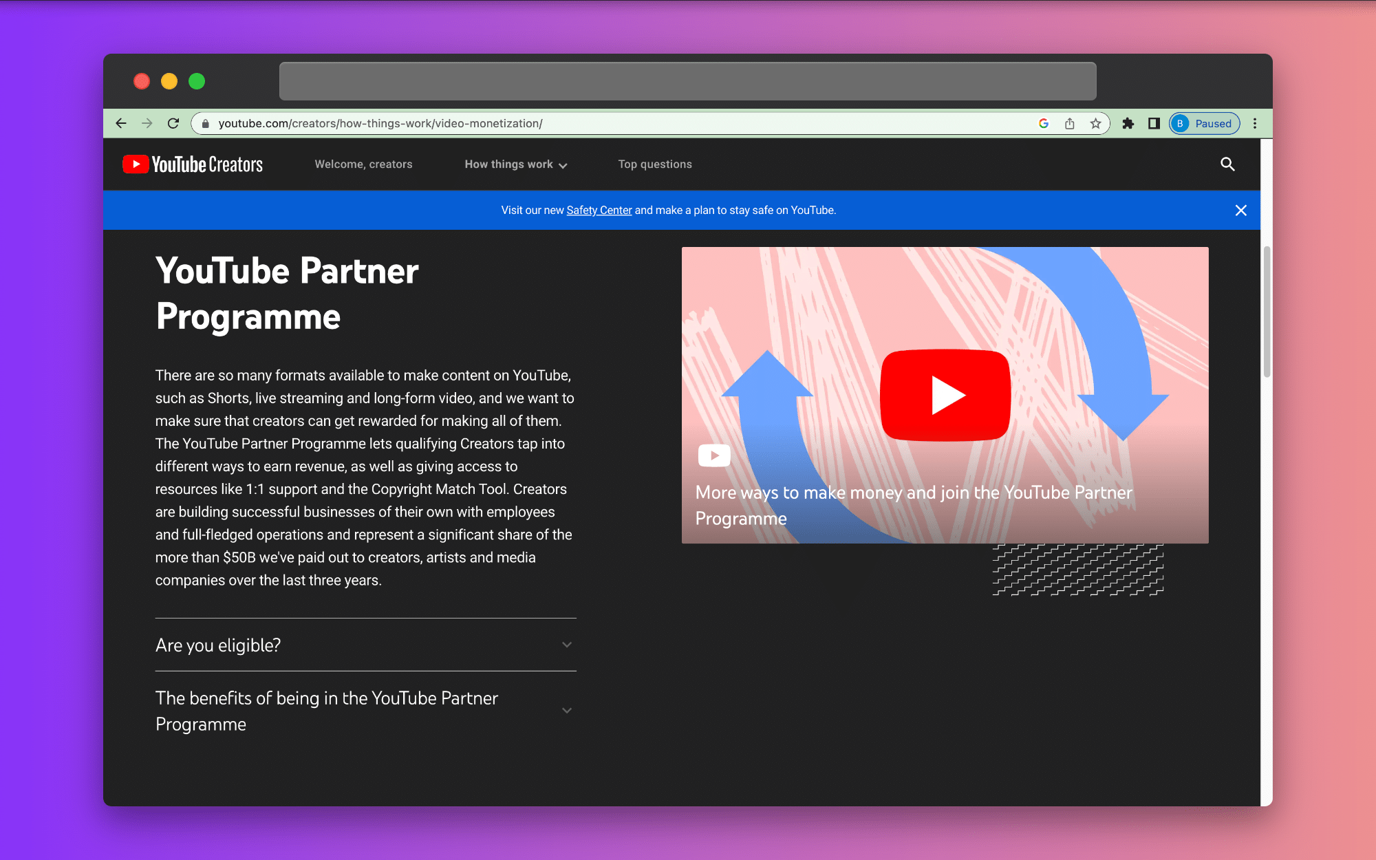 YouTube Partner Program page open on desktop
