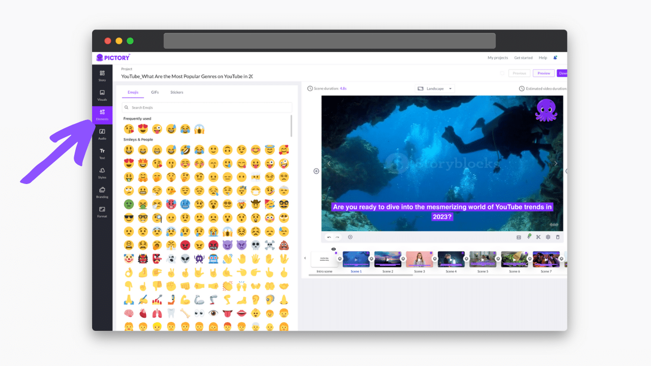 In the online video editor, you can add music to your project as well as stickers, GIFs, and scene transitions.