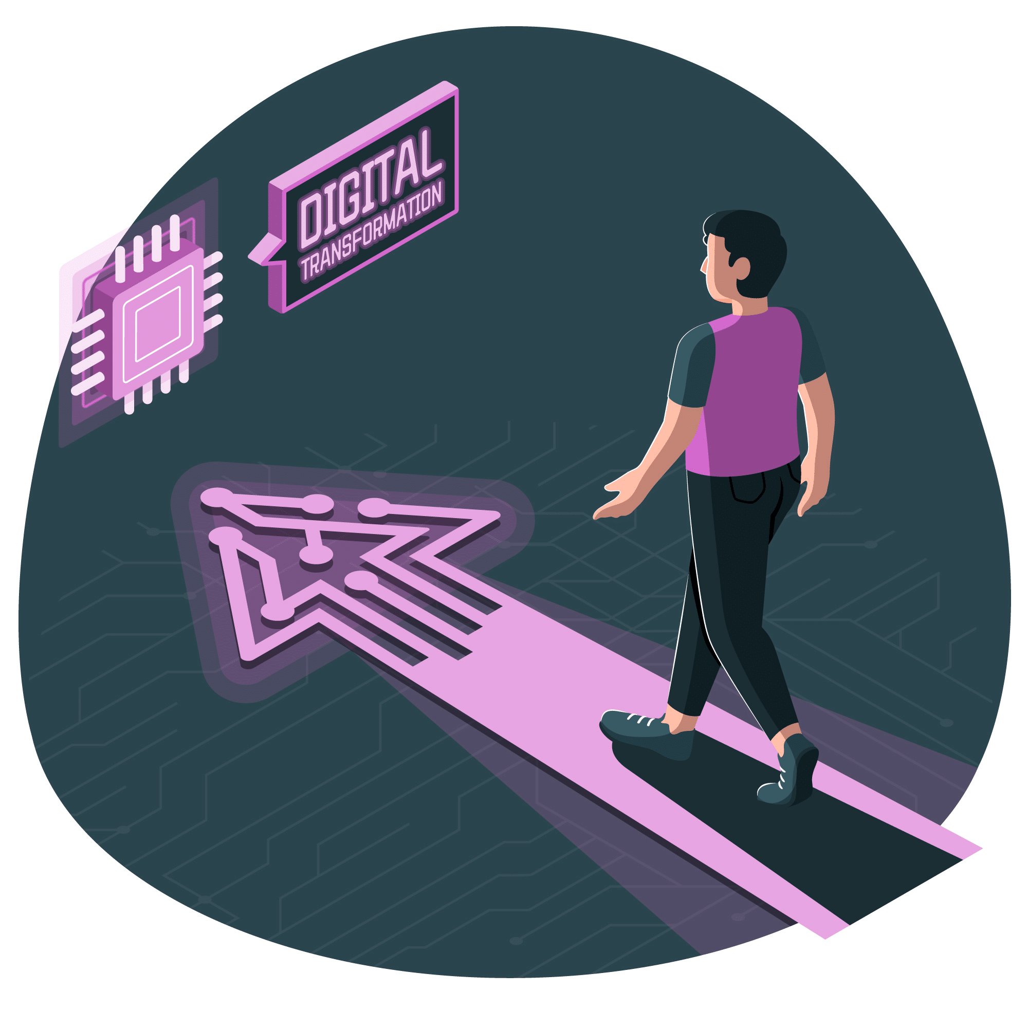 An illustration of a person walking towards digital transformation
