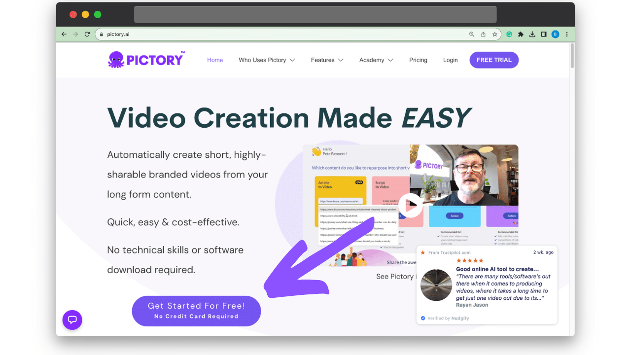 visual of the Pictory hompage with free trial 