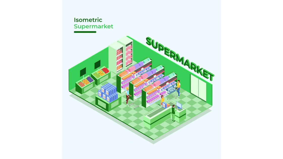 A 3D isometric supermarket