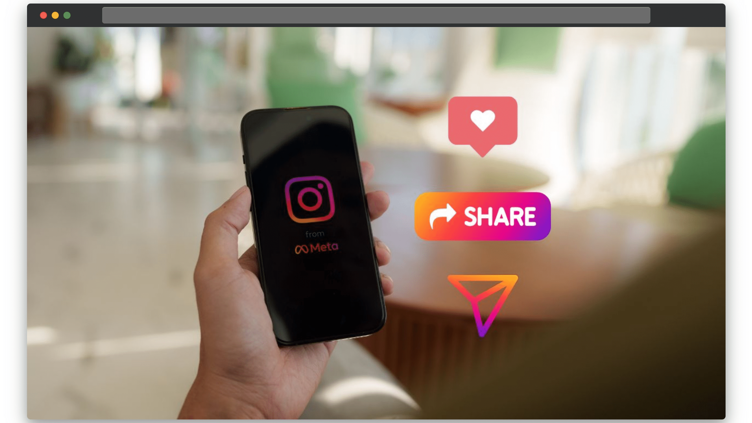 A phone showing the like, share, and messaging engagements on instagram.