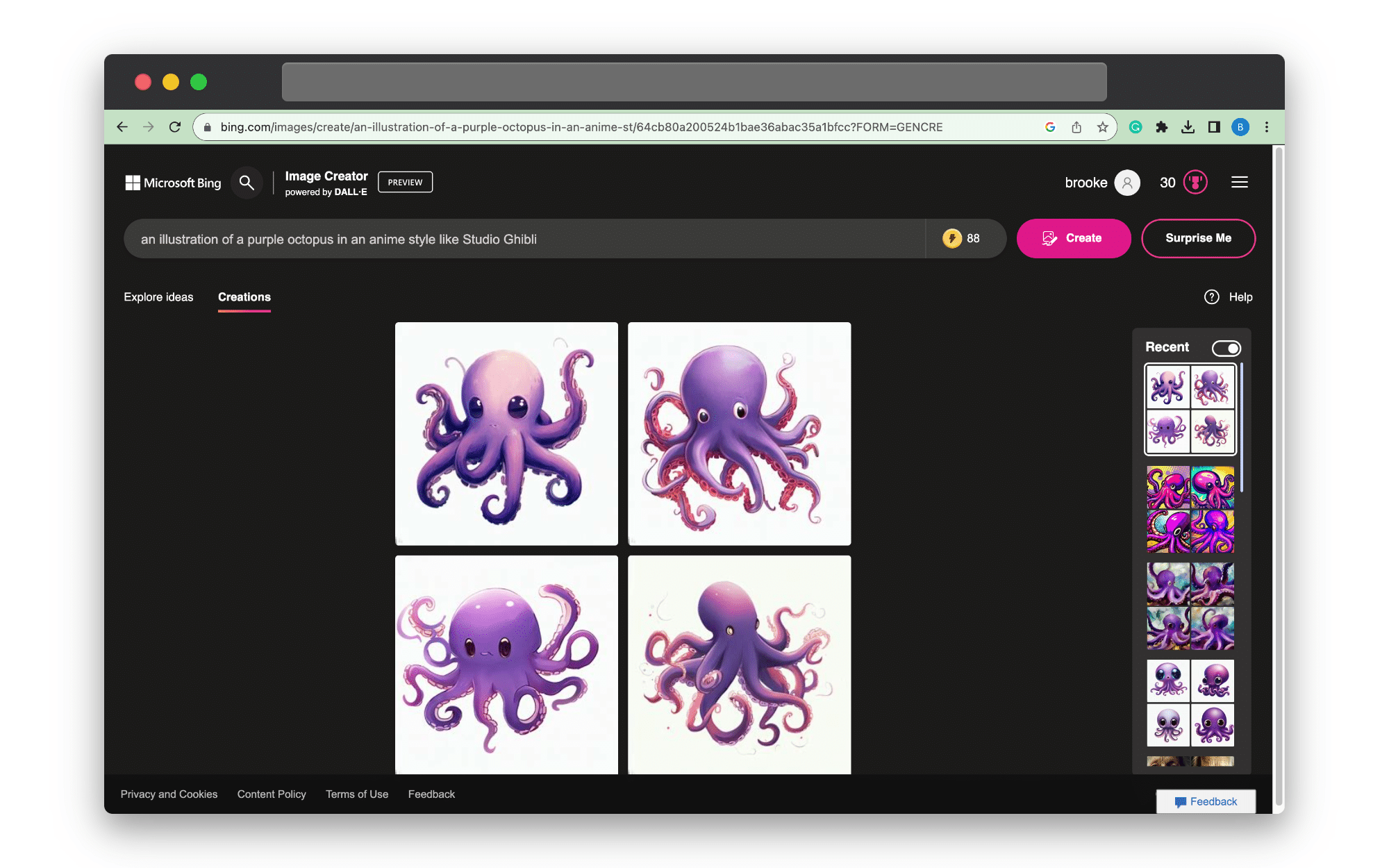 example: “an illustration of a purple octopus in an anime style like Studio Ghibli
