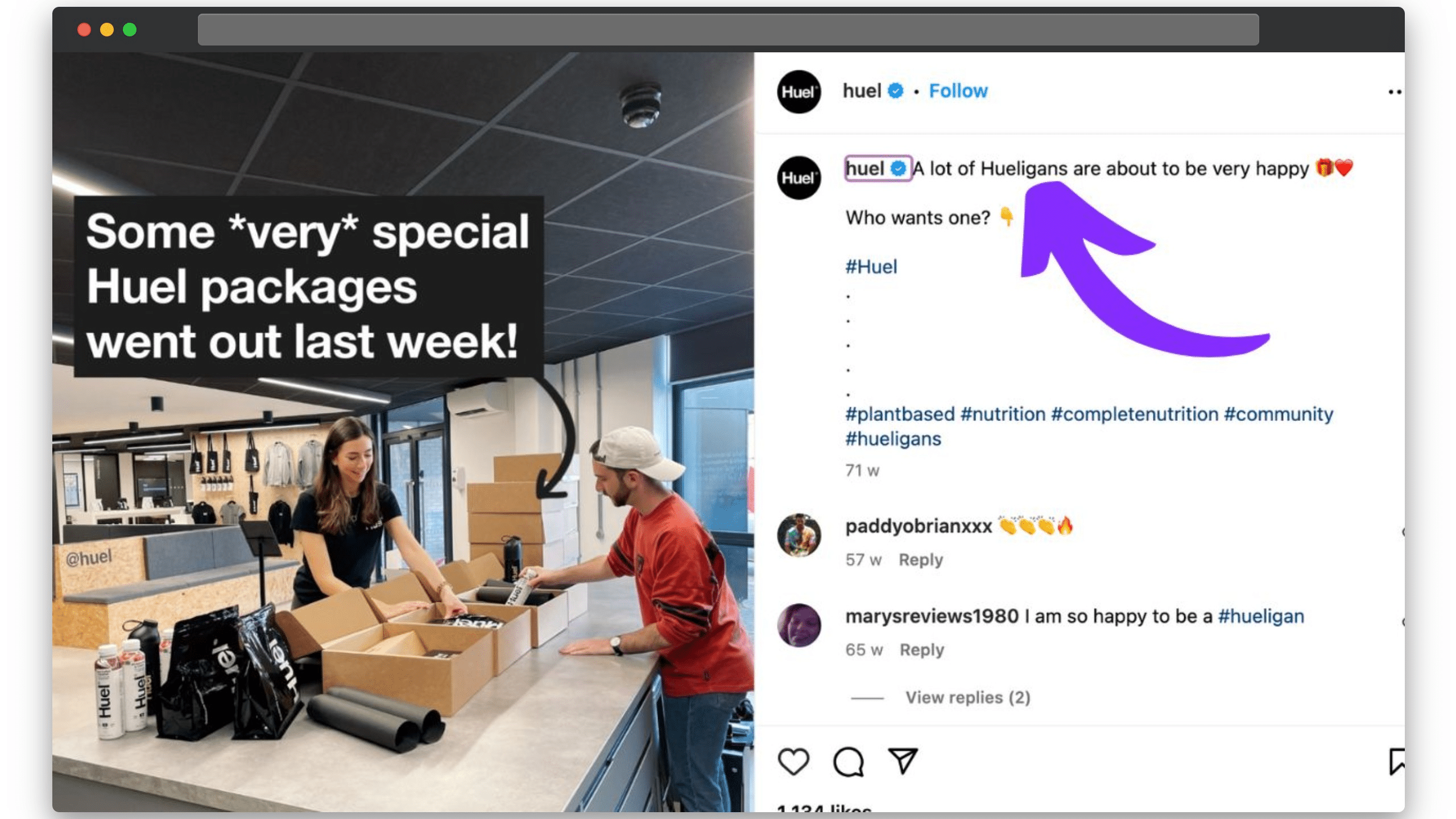 A shot of the 'Huel' instagram page showing the brand referring to their community as 'hueligans'