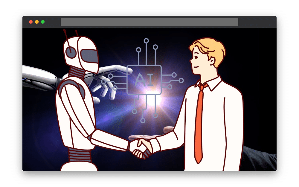 An image showing an AI robot and a human shaking hands.