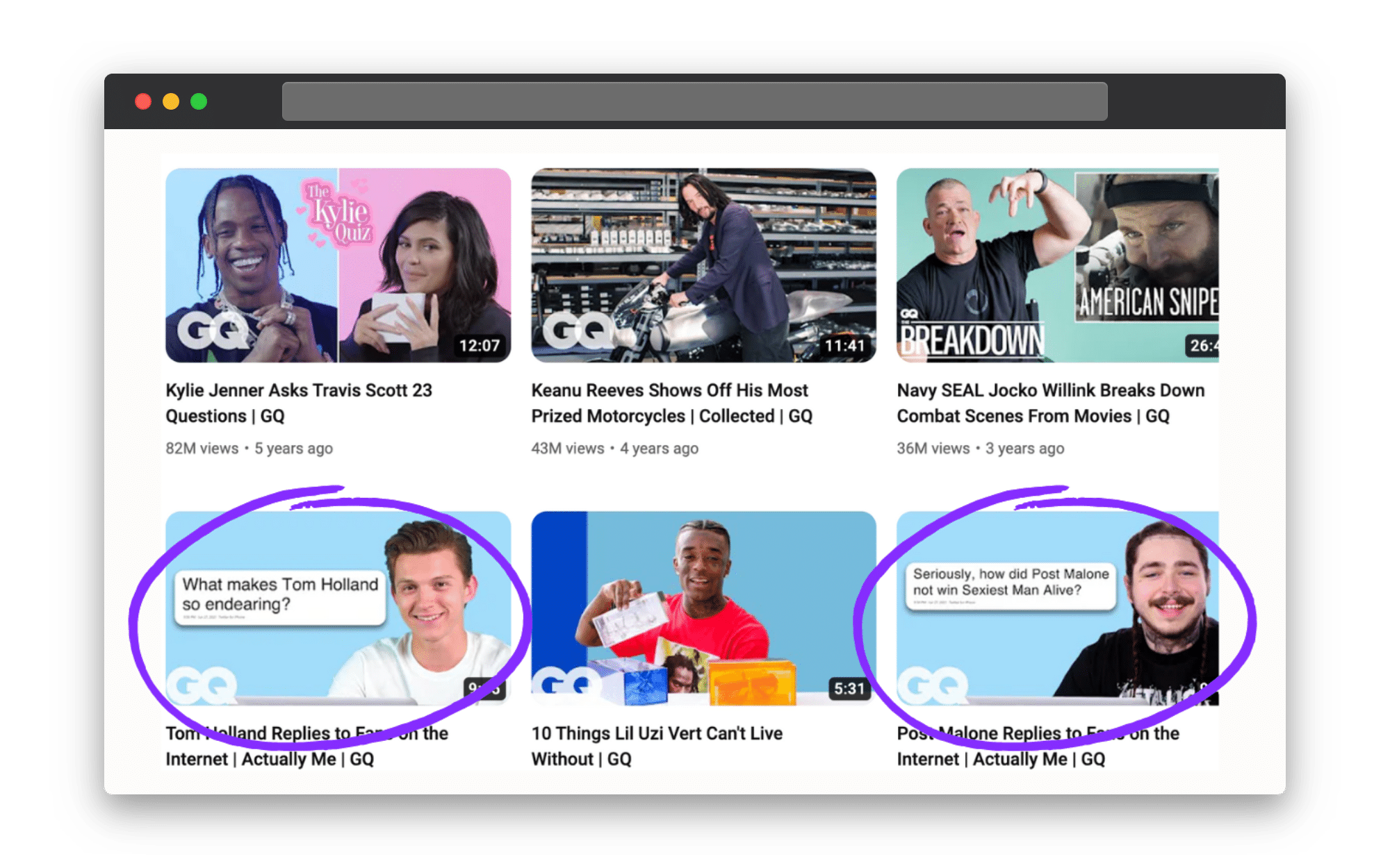 The circled images show how the branding on the GQ channel differs, telling viewers they're a part of a series.