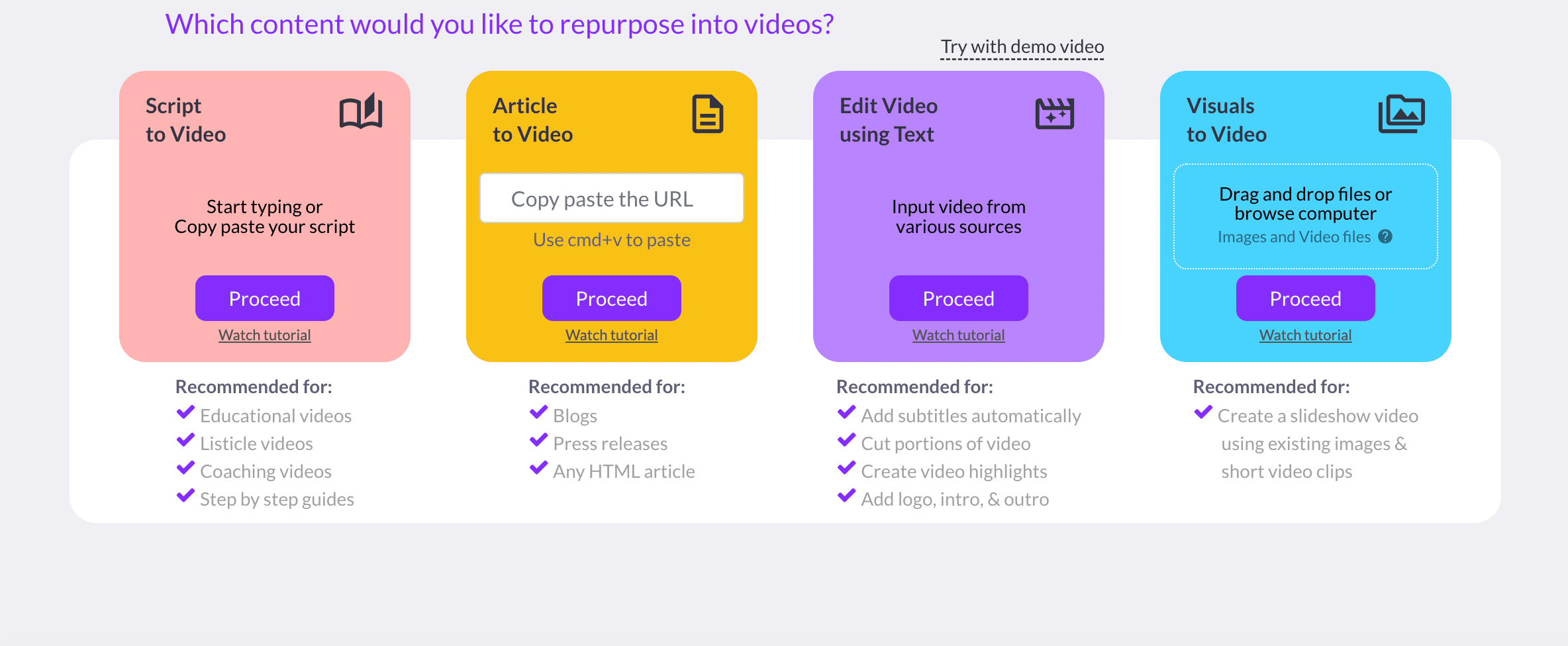 Impressive edits and simplified editing with Pictory, you can make videos using any of the four options.