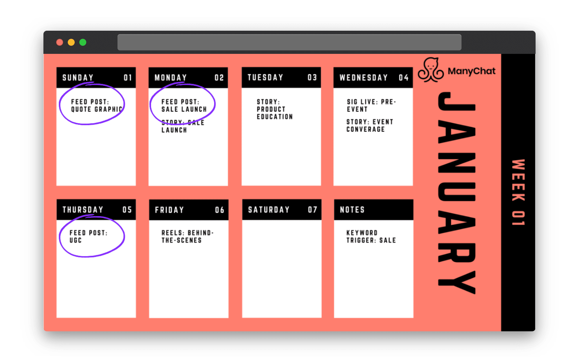 Here is an example of what your content calendar could look like. This one aims to post 3x per week.
