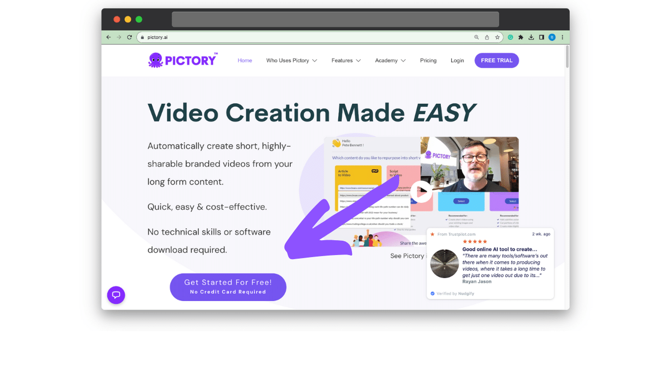 A screen shot of the Pictory homepage