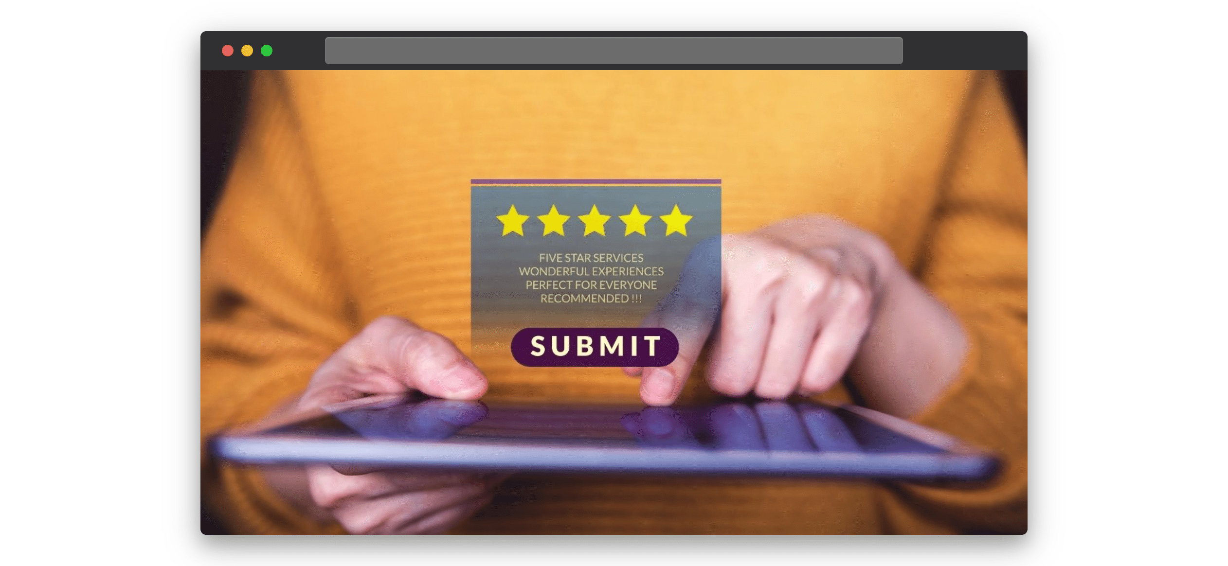 A set of hands holding a tablet, submitting a 5 star product review 