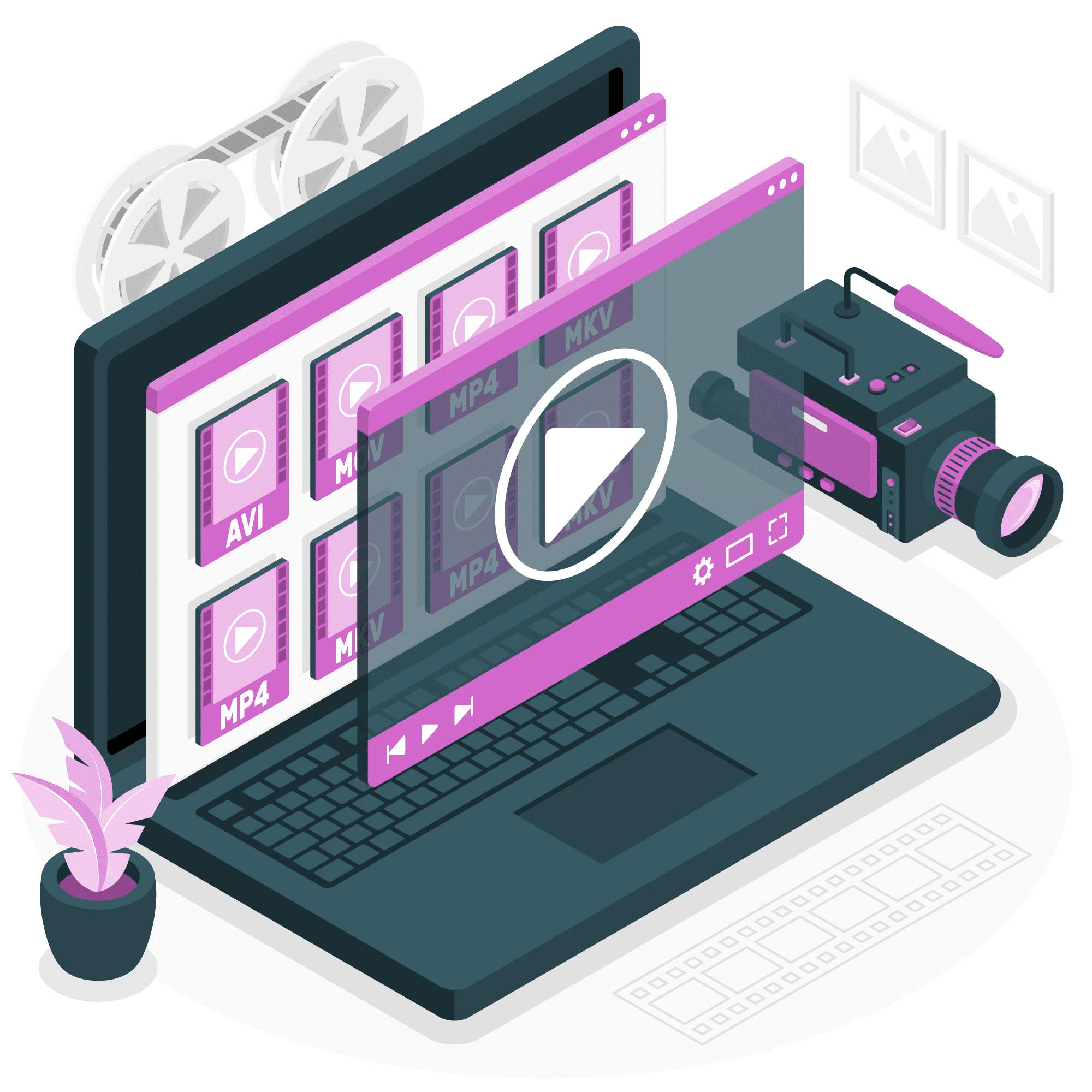 illustration with a laptop with a vr style screen coming off and a film camera 