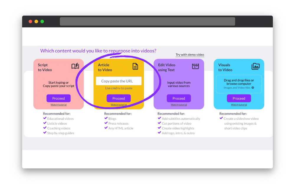 Pictory's video generation options with 'Article to Video' highlighted. 