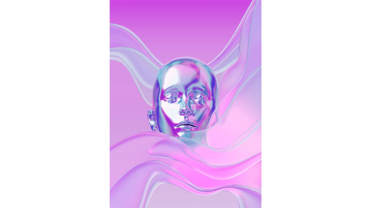 AI art, chrome humanoid figure with pink and blue swirls.