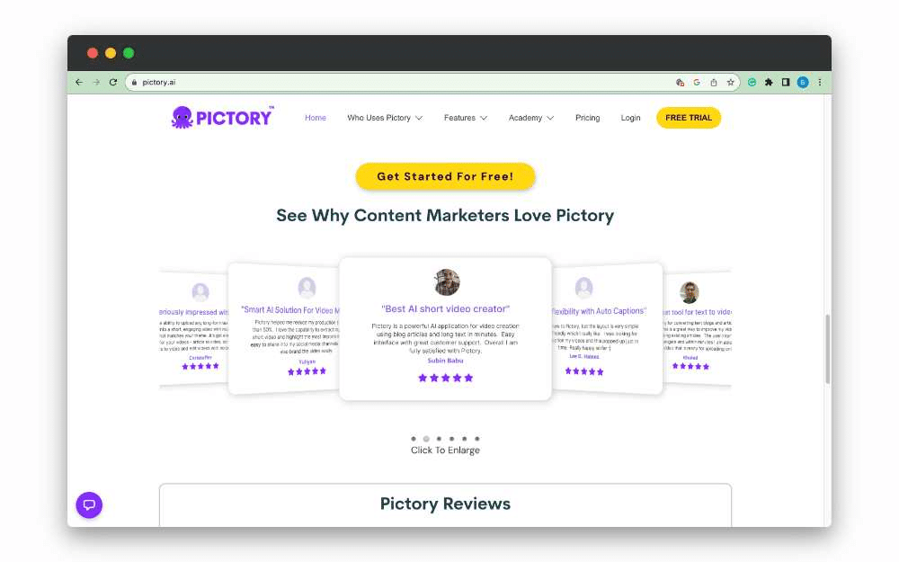 pictory testimonials carousel on the website