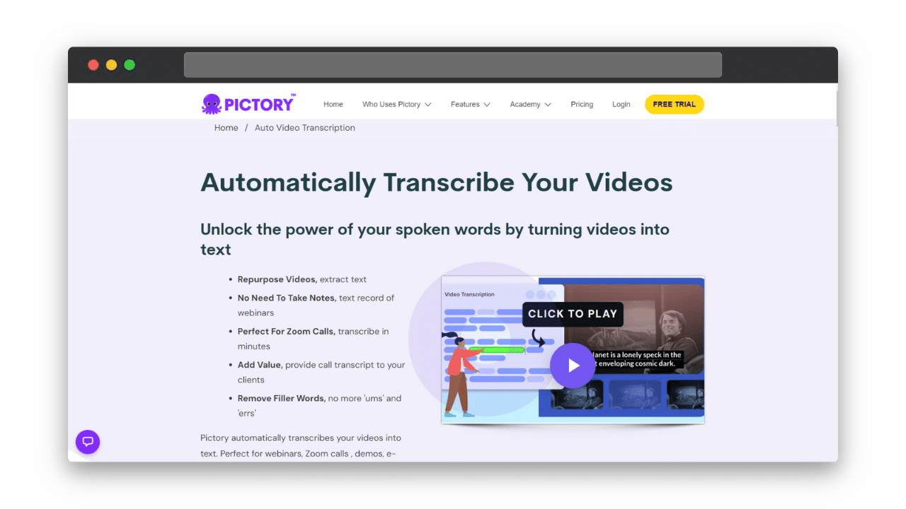 automatically transcribe pictory home page