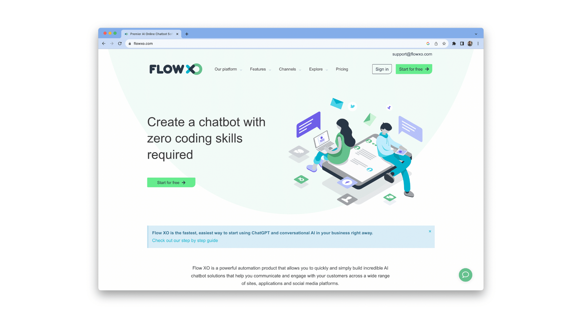 Flow XO, webiste, homepage, chatbot, engages website visitors