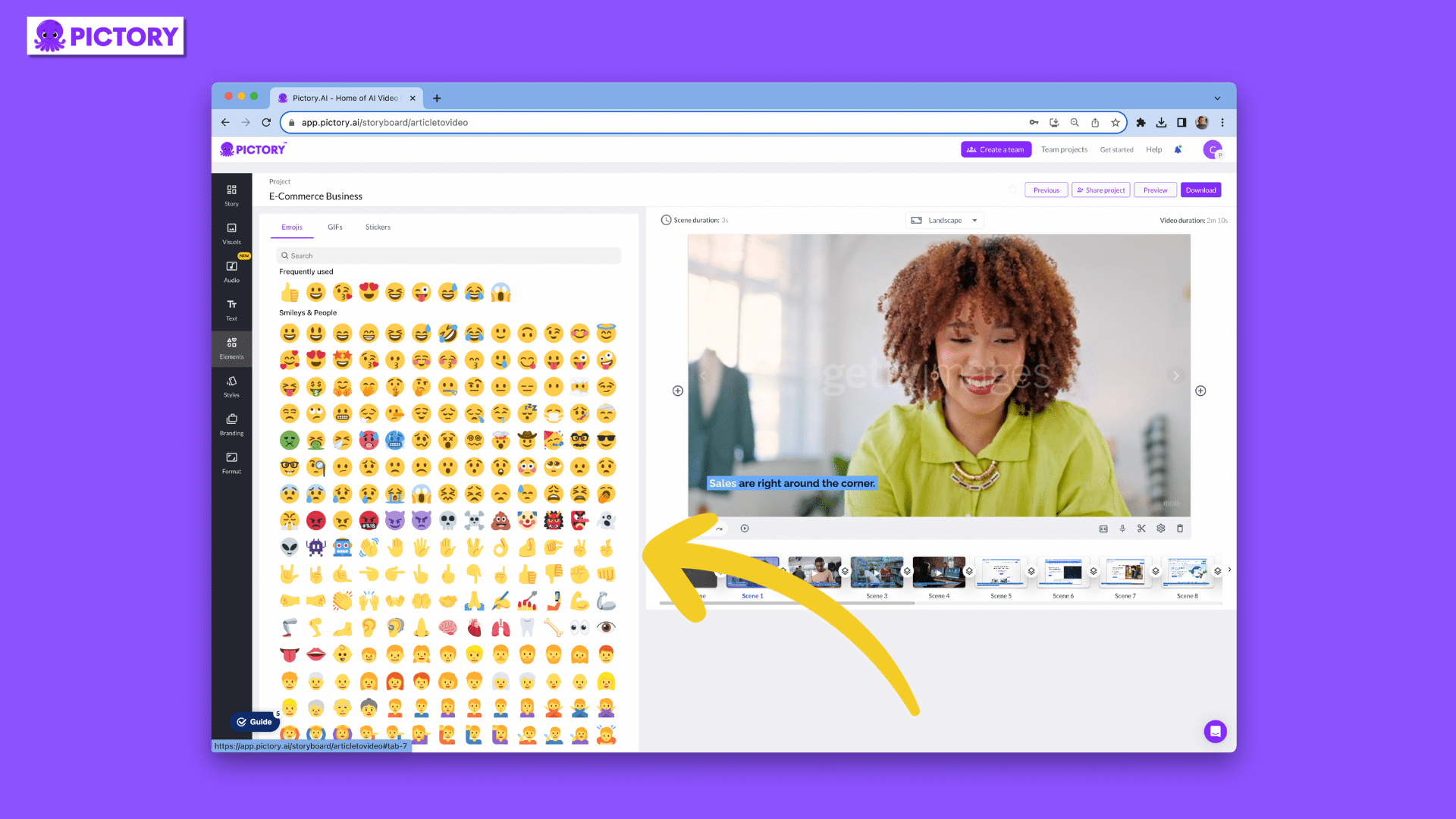 Full suite of Pictory video editing features, add elements to your videos, add emojis and GIFs 