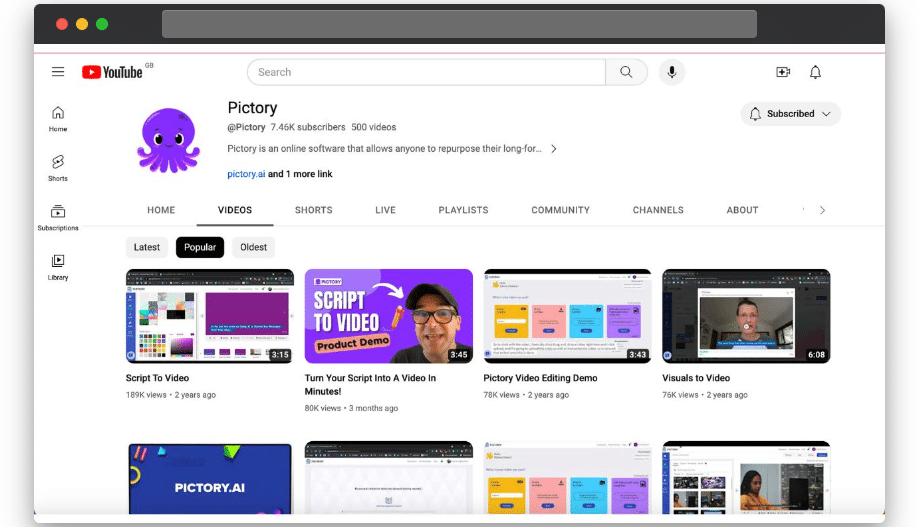 Pictory's YouTube channel.