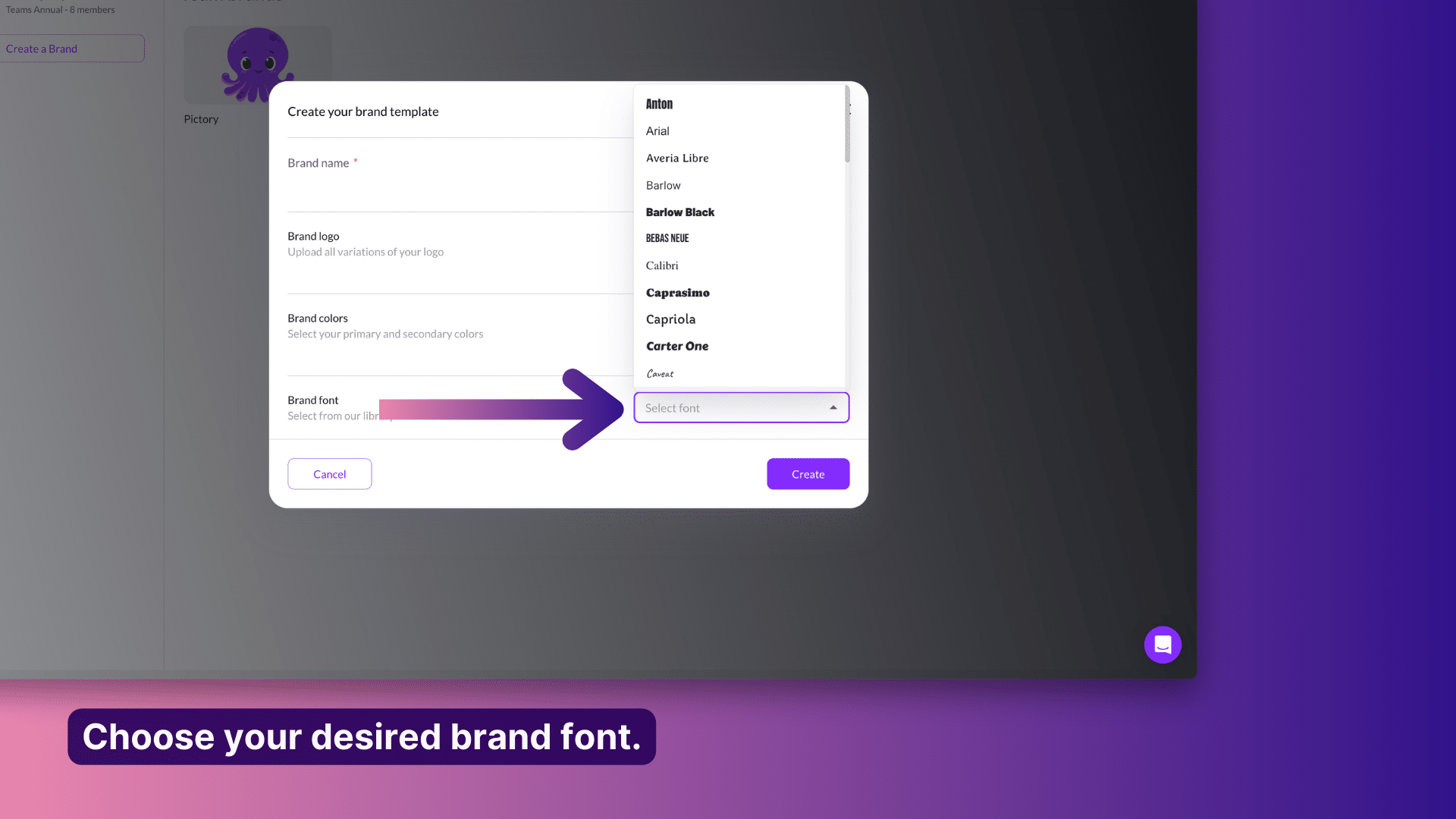 Choose your desired brand font from the library available in Pictory