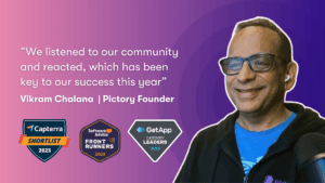A quote from Vikram Chalana, Pictory CEO with his headshot, and the Gartner Digital Market brand logos