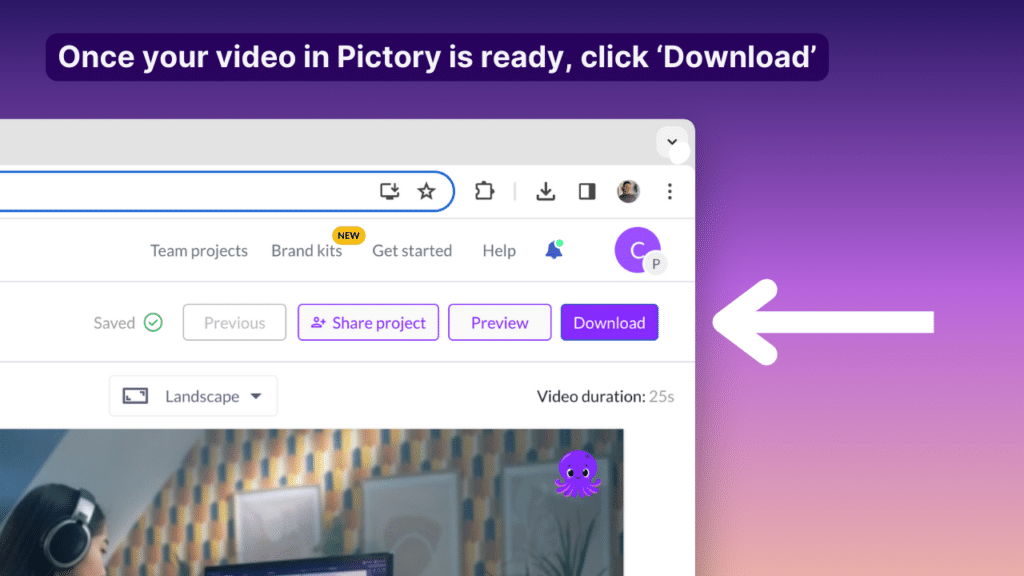 A screenshot showing how to download your video in Pictory