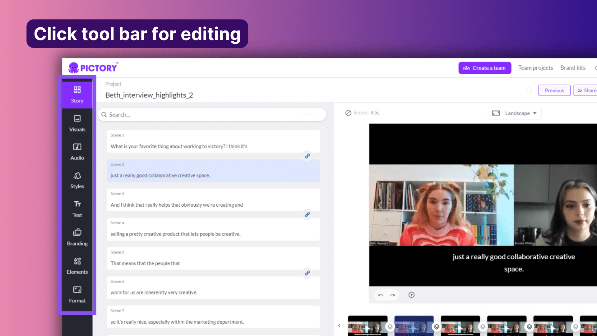 Pictory's tool bar for editing videos, showing where to add captions, music, voiceover, and branding
