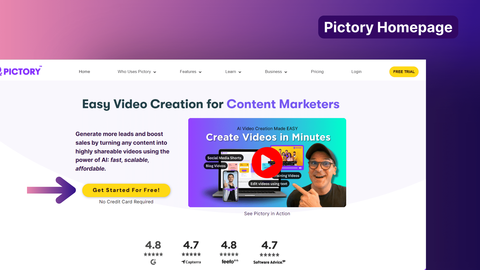 Pictory ai hompe page with free trial