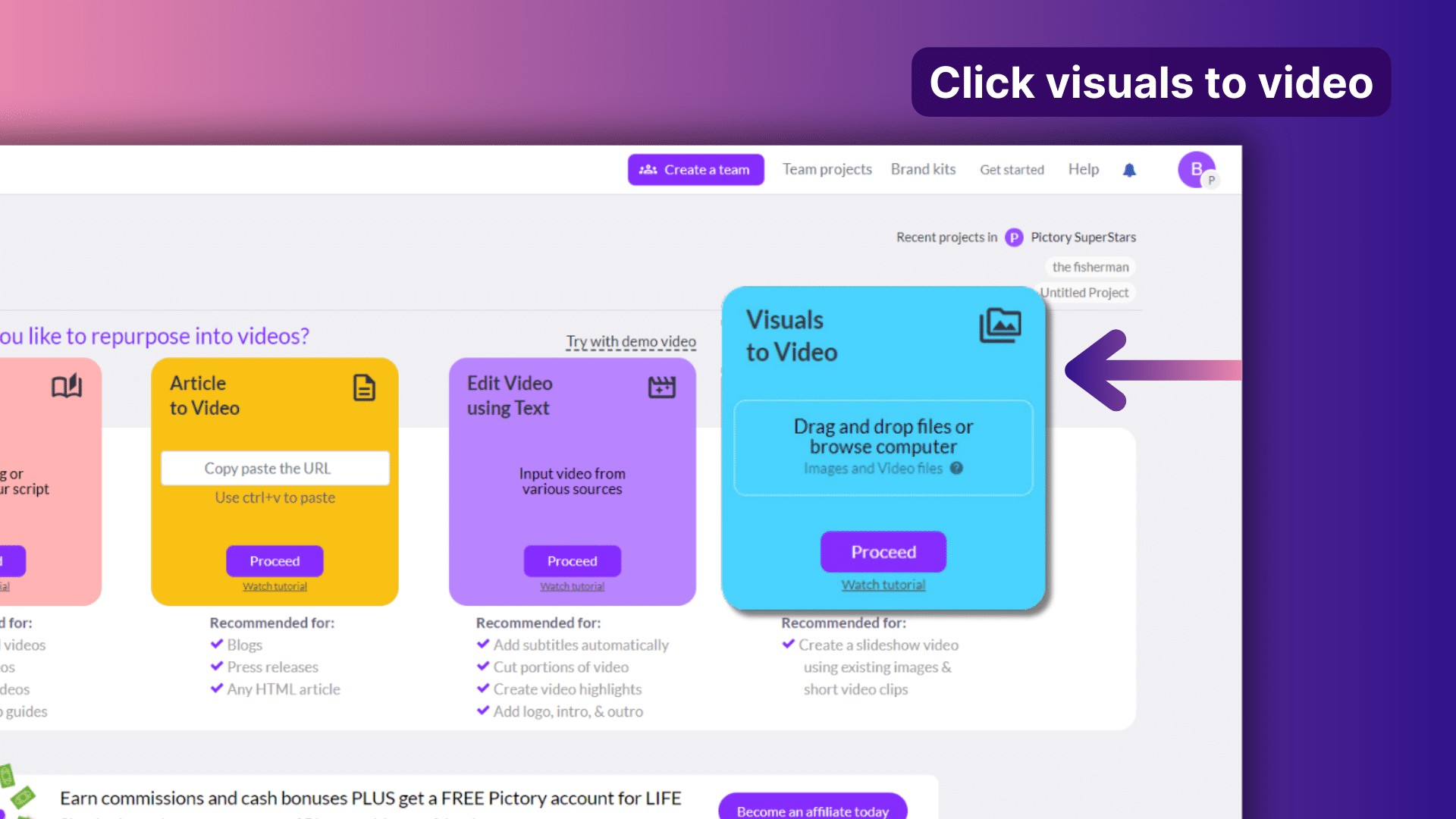 Visuals to Video feature in Pictory