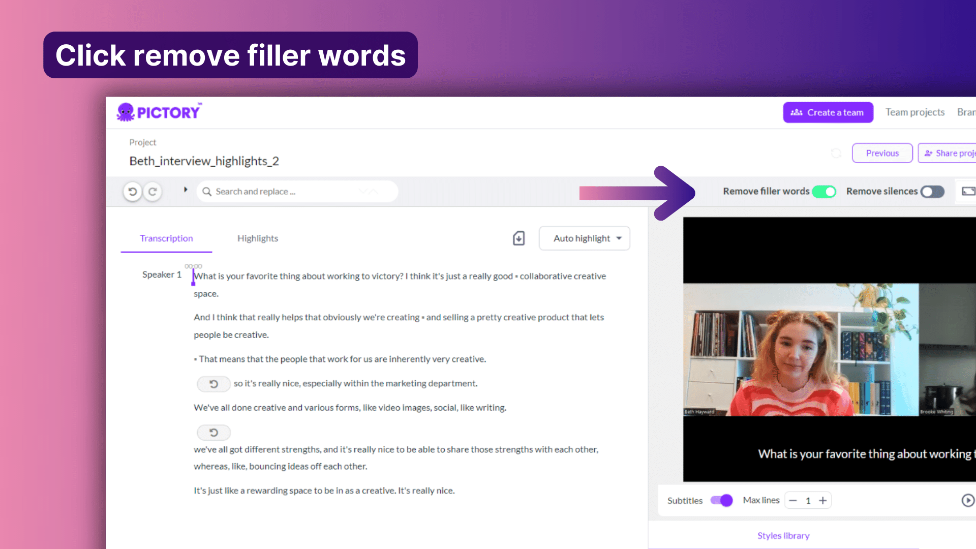 the video editor in Pictory, clicking 'remove filler words'