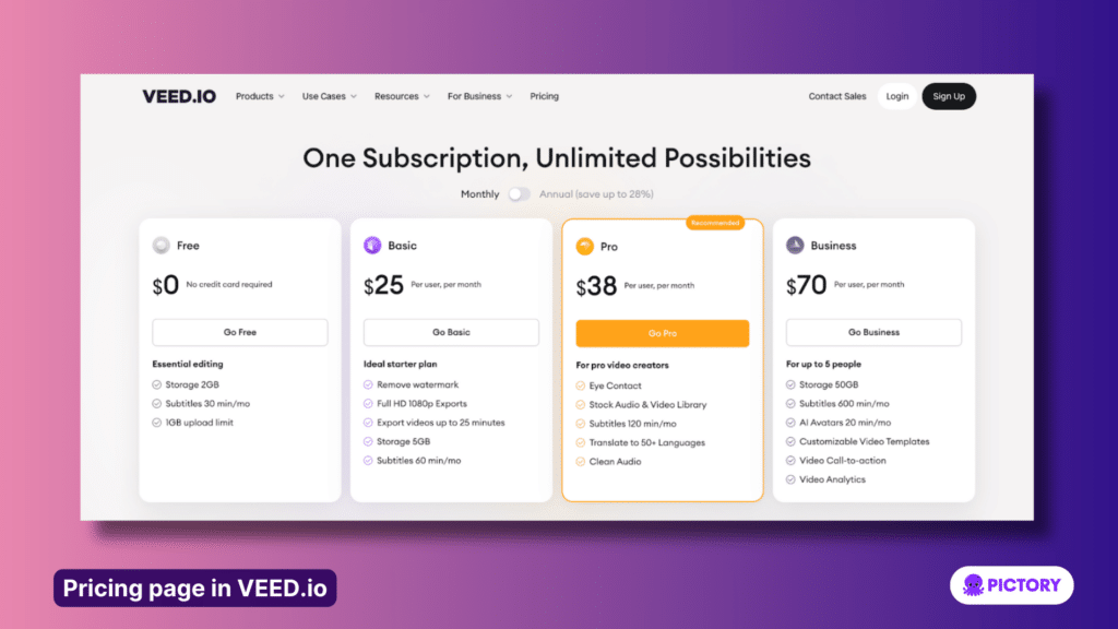 pricing page in Veed