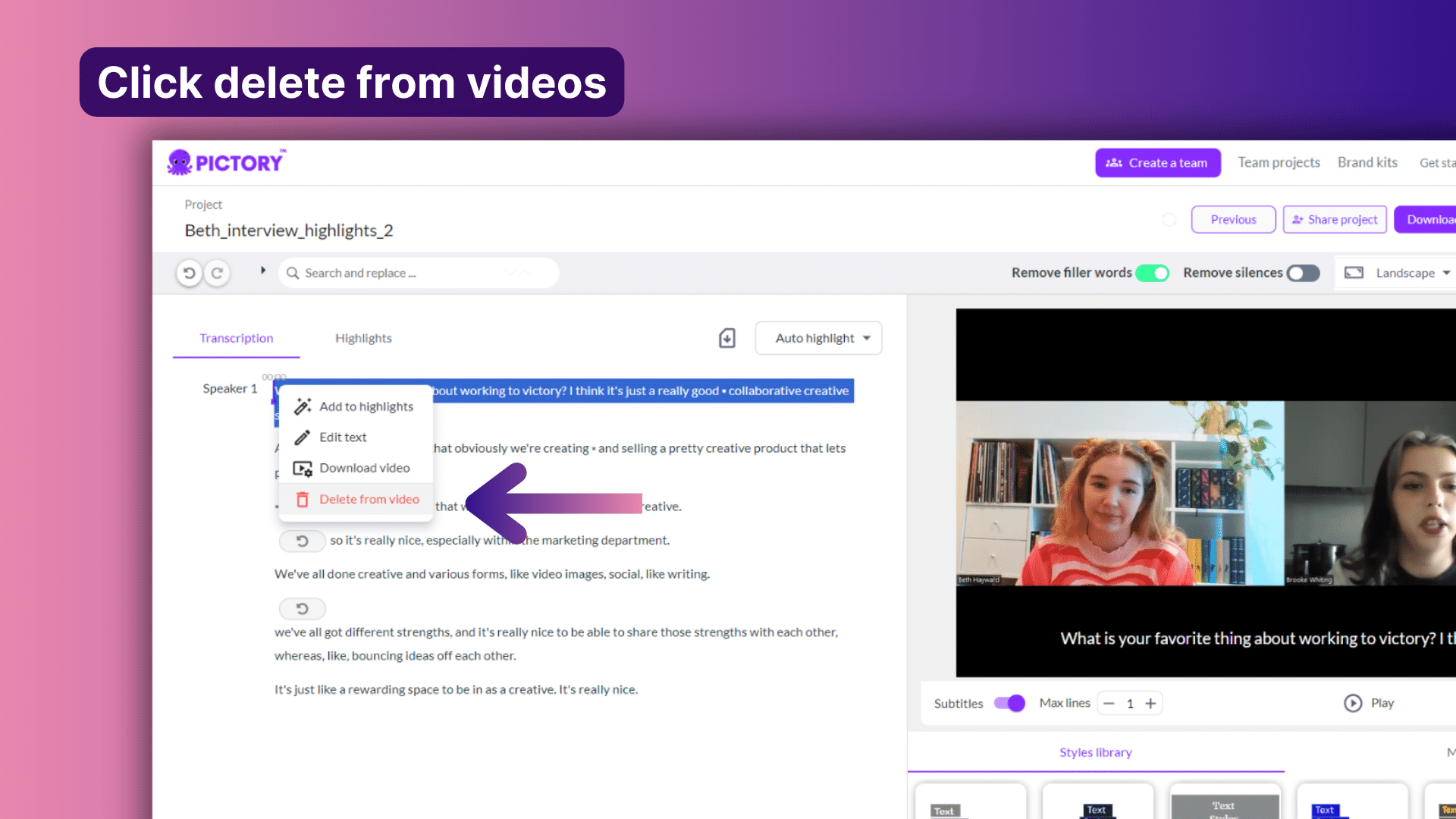 transcript editor showing how to delete sentences from the video transcript editor showing how to delete sentences from the video