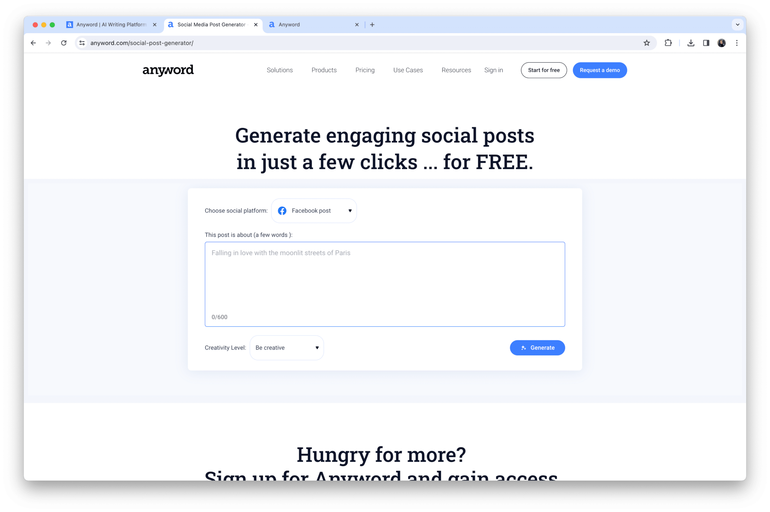 Anyword’s social post generator
