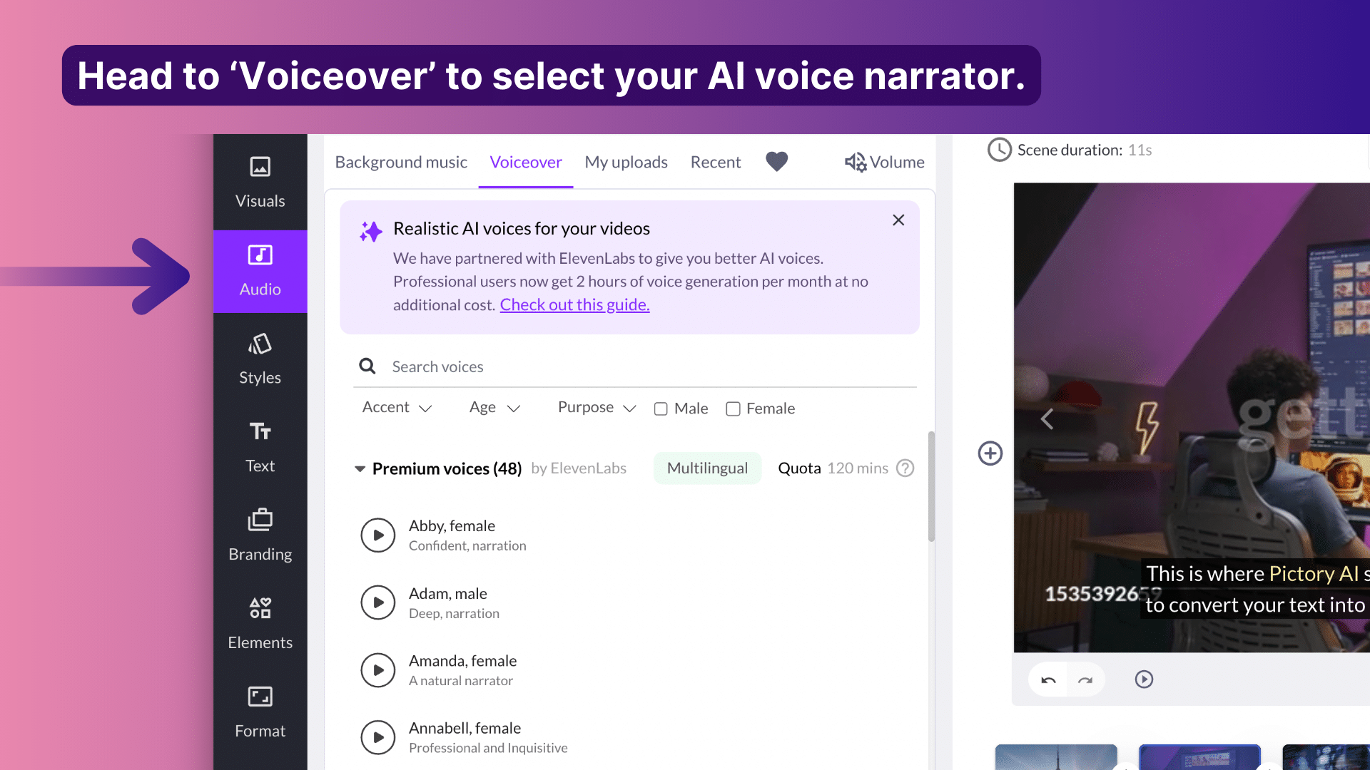 Pictory AI voiceover, ElevenLabs voicovers