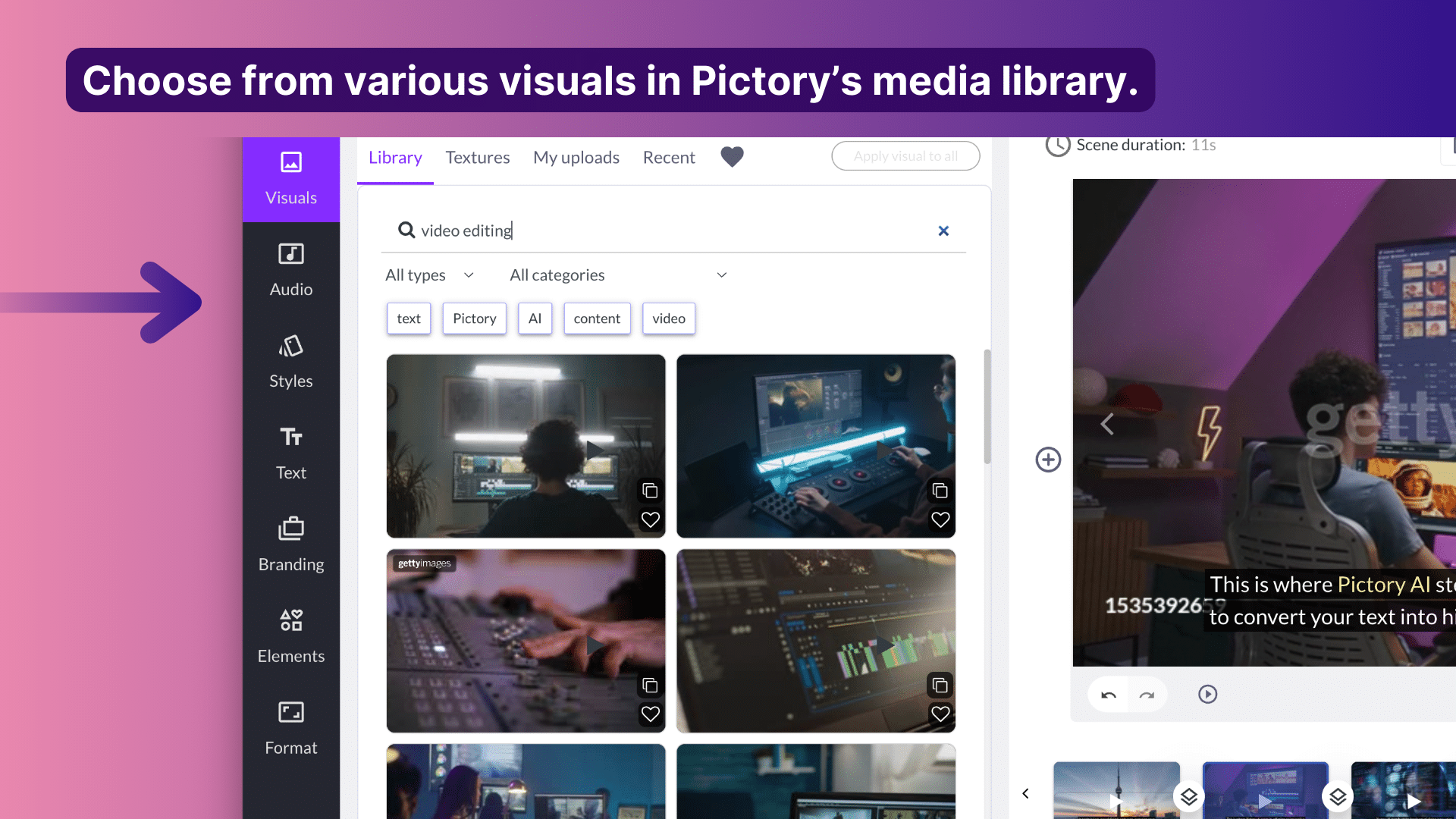 Pictory visual library, pictory video library, getty images