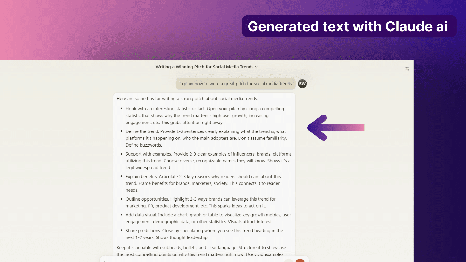Claude AI to generate the text with arrow pointing to generated text