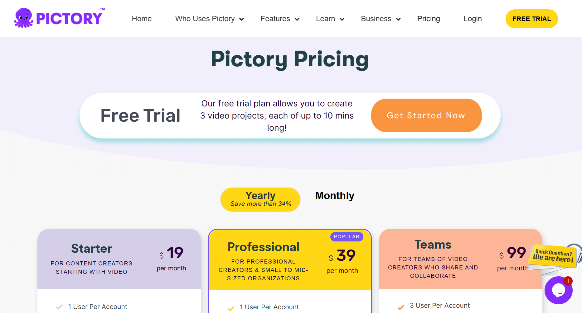 THe Pictory pricing page showing the different subscription levels. 