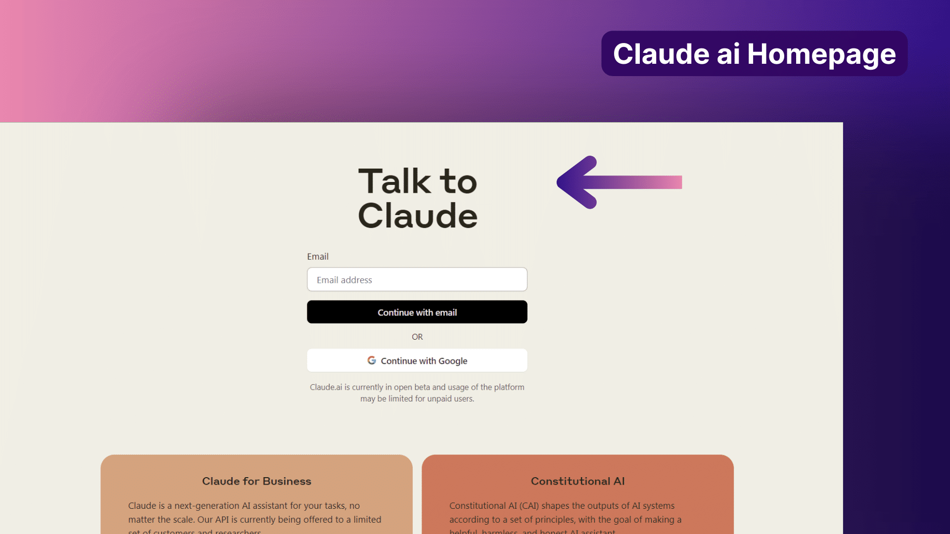 Claude AI homepage with arrow pointing to 'talk to Claude'