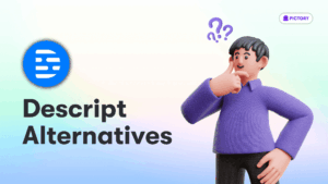 Descript logo with 'descript alternative' text and cartoon man looking quizzical