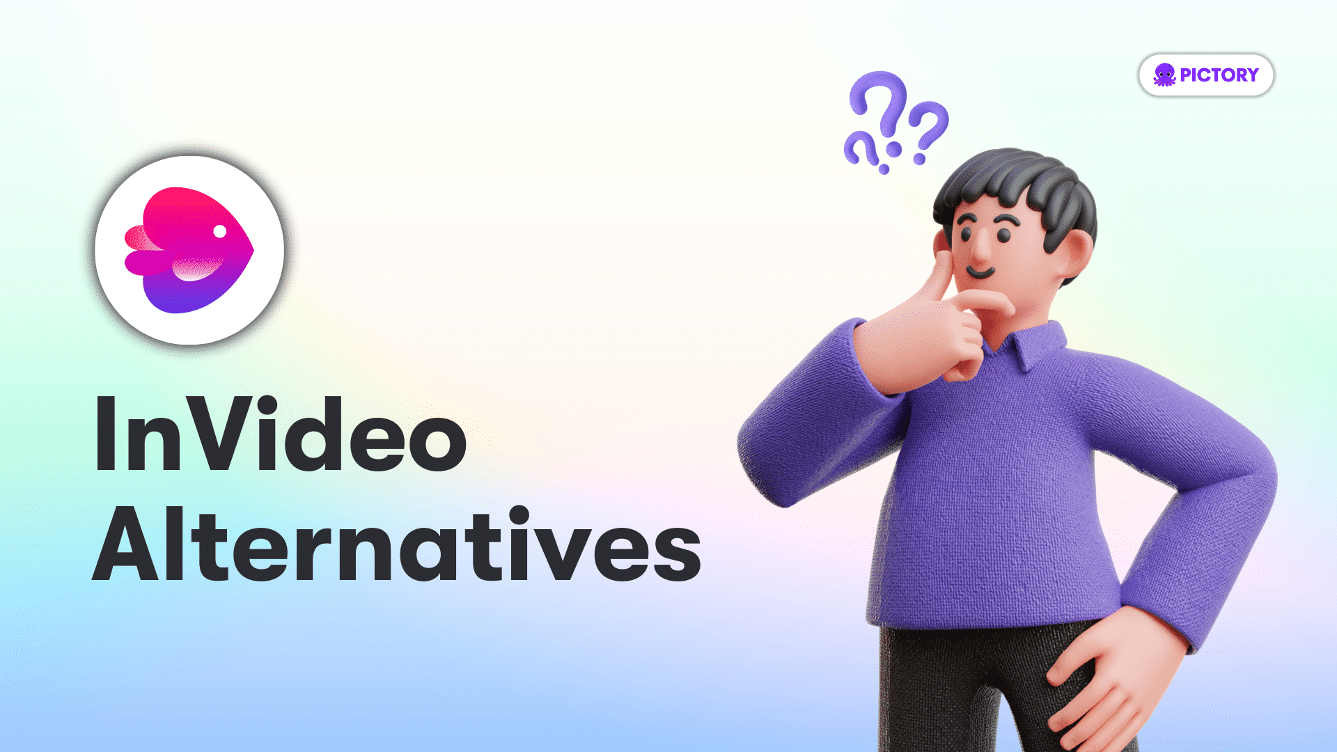 InVideo logo with the text 'invideo alternatives' and a cartoon man looking quizzical