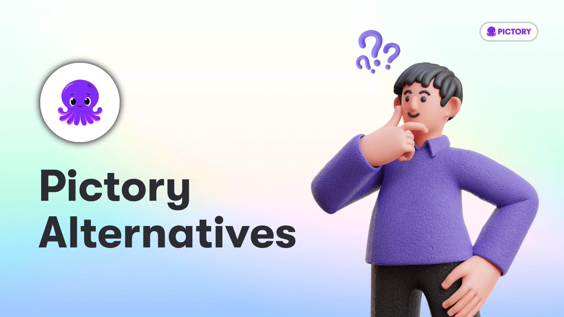Pictory logo with the 'Pictory alternatives' text and a cartoon man looking quizzical