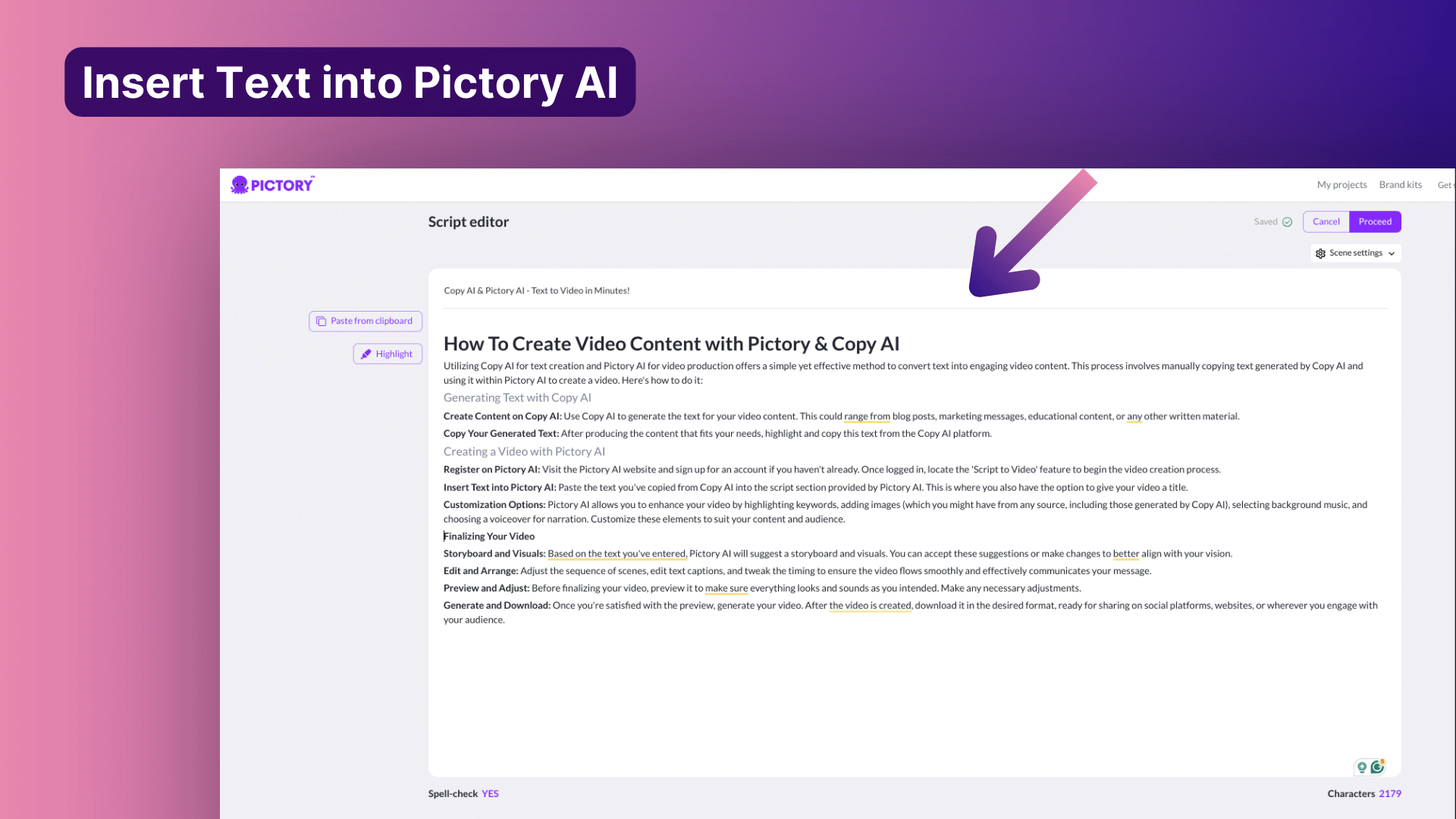 script editor in Pictory AI with inserted text 