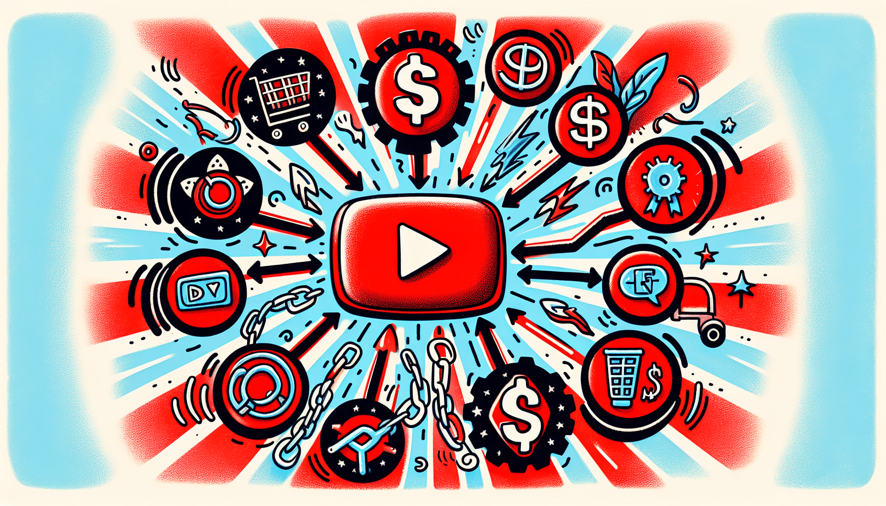 Colorful illustration of various monetization strategies for YouTube channels