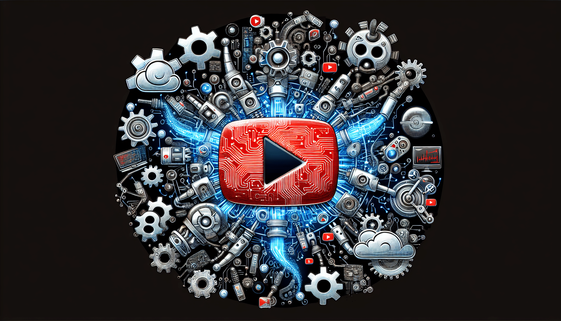 Illustration of a YouTube logo with automation symbols