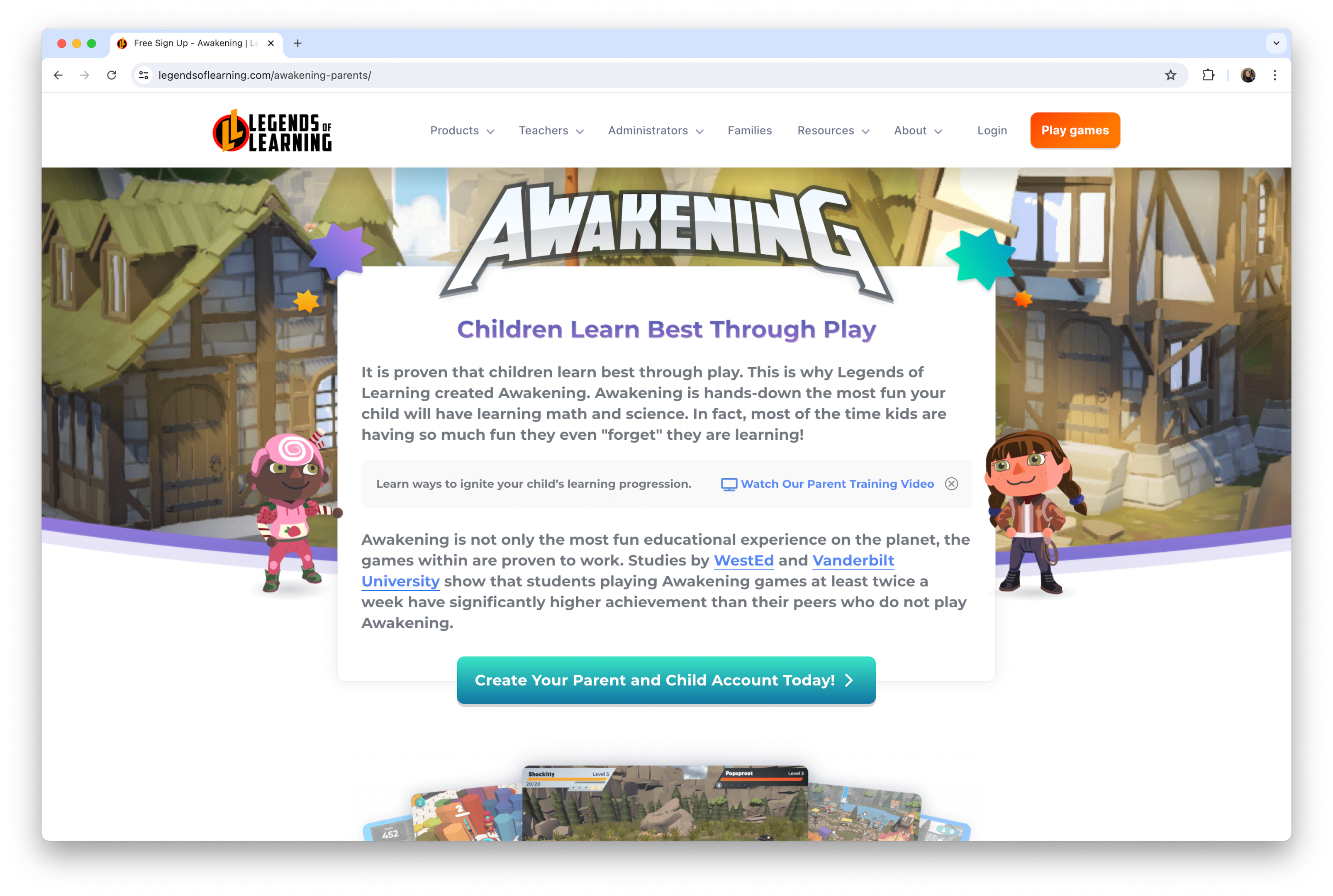 legends of learning awakening landing page