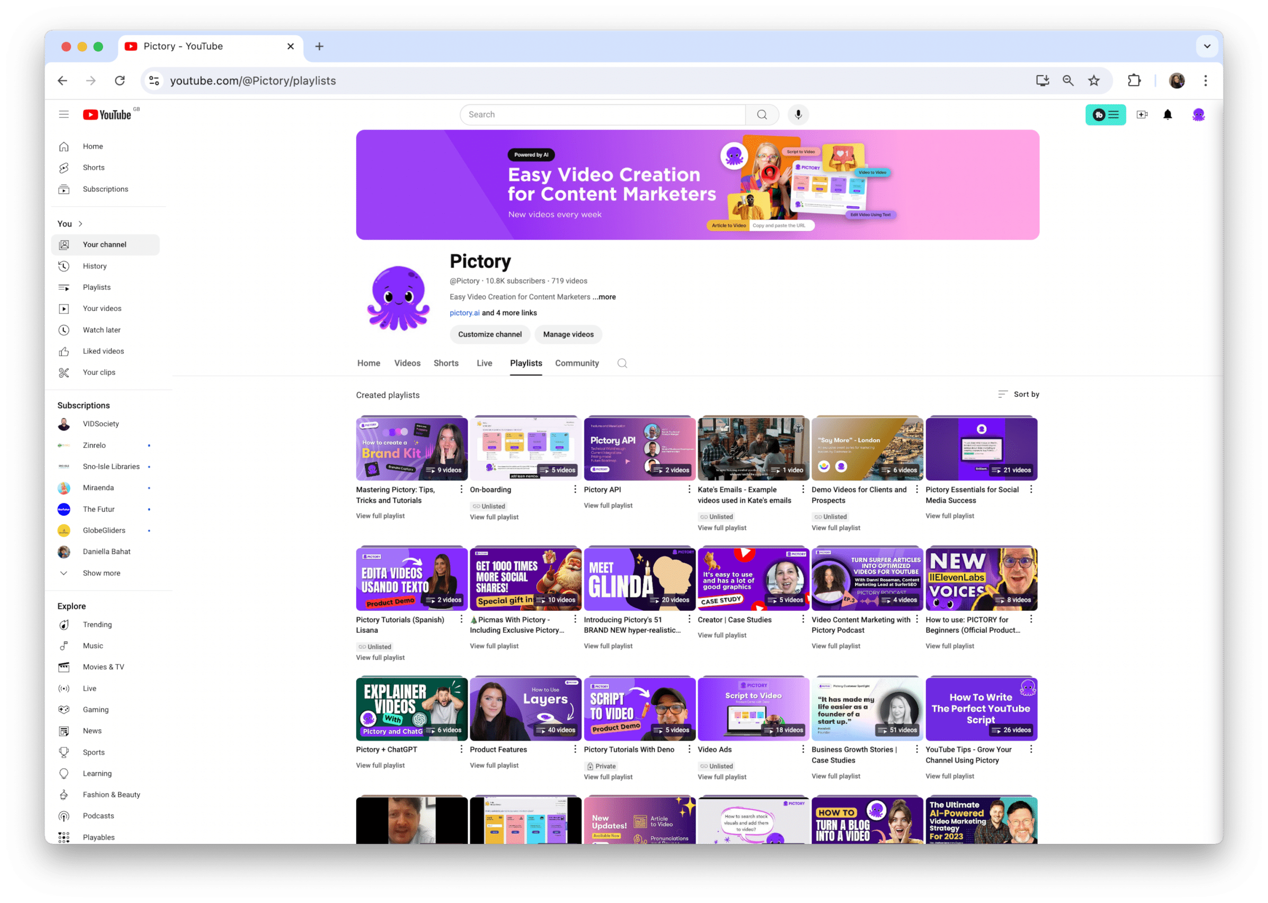 Pictory youtube homepage