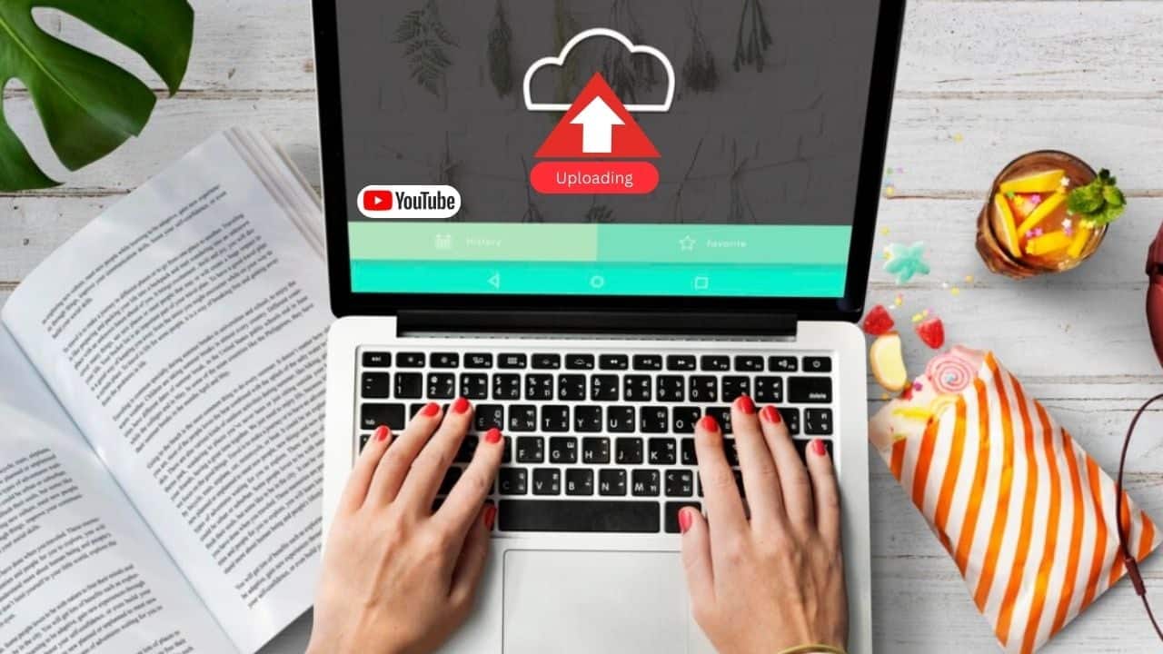 An illustration showing the process of exporting and uploading edited youtube videos.
