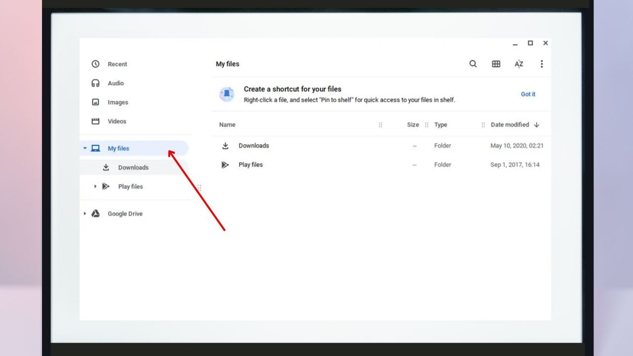 An illustration showing where to find screenshots in the downloads folder on a Chromebook.